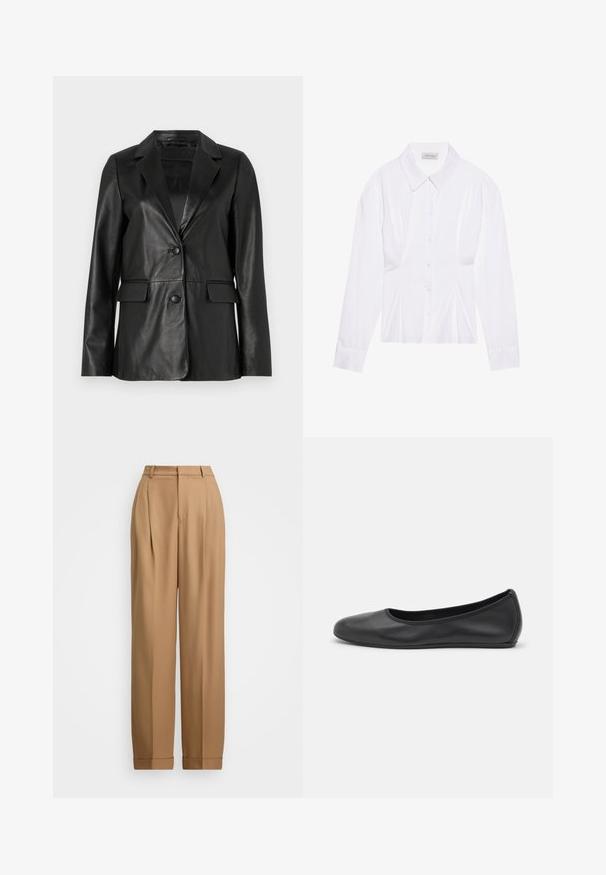 Schwarze Lederblazer mit Reverskragen, zwei vorderen Taschen, einer knöpfbaren Verschlussteille und glatter Oberfläche. Maßgeschneiderte Passform mit langen Ärmeln.; Weiße Bluse mit langen Ärmeln, klassischem Kragen, vorderer Knopfleiste und gerafftem Seitendetail. Glattes Material mit taillierter Form.; Beige maßgeschneiderte Hose mit hoher Taille, gefalteter Vorderseite, schmal zulaufenden Beinen und aufgerollten Säumen. Glattes Material mit einer feinen Textur.; Schwarze Leder-Ballettschuhe mit abgerundeter Spitze, glatter Textur, minimalen Nähdetails und einem flexiblen Sohlen-Design.