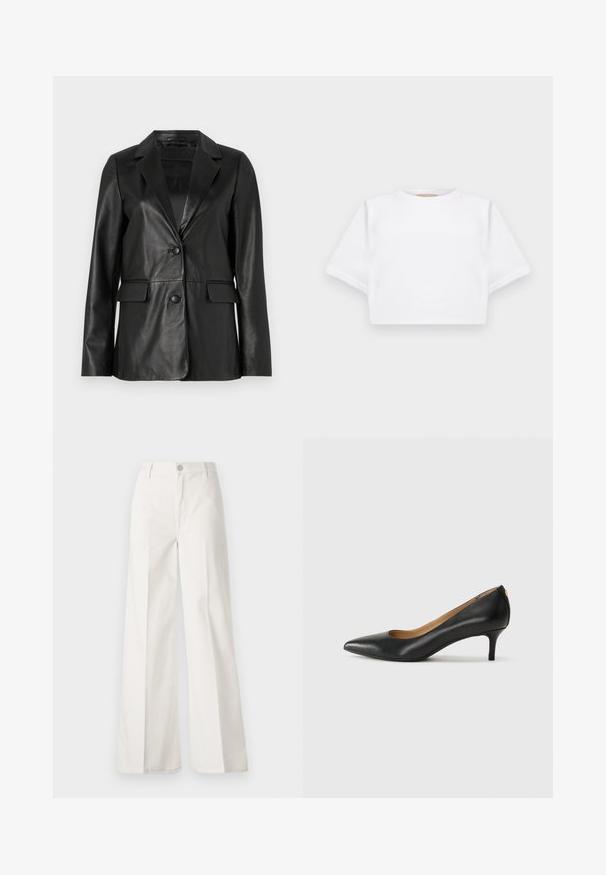 Zwarte leren blazer met een afgeronde kraag, twee voorzakken, enkele knoopsluiting en een gladde textuur. Tailored fit met lange mouwen.; Gemiddelde witte T-shirt gemaakt van zachte stof, met korte mouwen, een ronde halslijn en geribbelde zoomdetails. Eenvoudig en ongecompliceerd ontwerp.; Witte wijde-broek gemaakt van katoen met een gladde textuur. Voorzien van een knoop aan de voorkant, ritsopening en vierzakkenontwerp.; Zwarte leren pump met een puntige teen, lage hak en een gladde textuur. Heeft een lichte opening aan de voorkant en minimale hardware aan de achterkant.