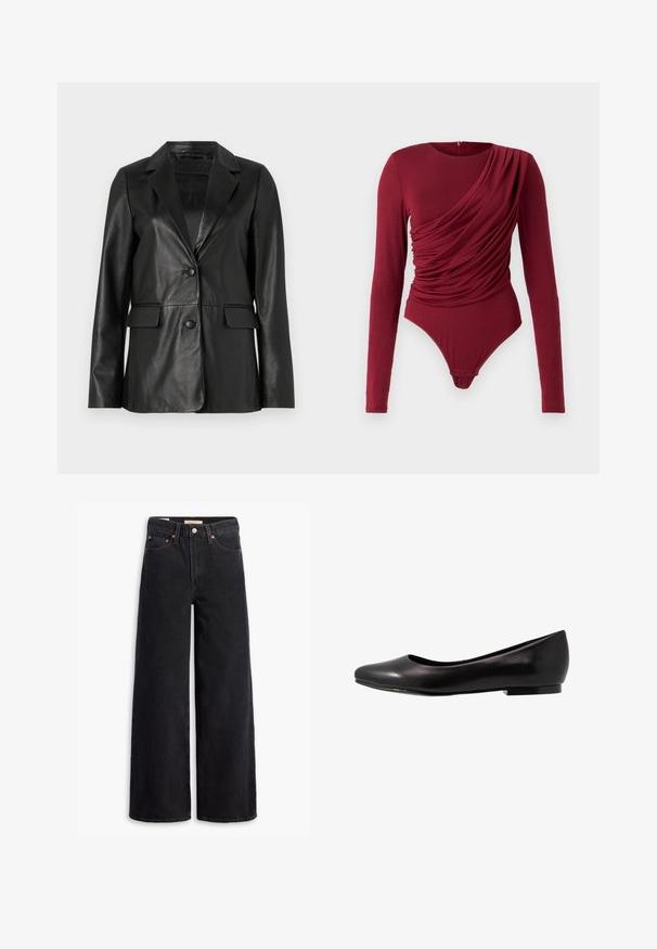 Blazer de cuero negro con cuello de muesca, dos bolsillos frontales, cierre de un solo botón y textura suave. Ajuste entallado con mangas largas.; Bodysuit de manga larga en rojo oscuro, con tejido drapeado, escote en forma de barco y cierre a presión en la parte inferior, fabricado en material elástico suave.; Jeans de pierna ancha negros hechos de denim, con cinco bolsillos, remaches de cobre y un cierre clásico de botón. Textura suave con un diseño limpio.; Bailarina negra hecha de cuero brillante con puntera redondeada y suela baja y plana. Tiene una textura suave con un diseño simple y elegante.