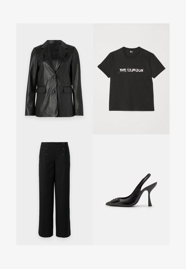 Black leather blazer featuring a notched collar, two front pockets, single button closure, and smooth texture. Tailored fit with long sleeves.; Black cotton t-shirt with short sleeves, featuring a printed white and gray "THE 2LOOK" design across the front. Classic crew neck.; Black wide-leg trousers made of smooth fabric, featuring a high waist and five front buttons for closure. Elegant, tailored design.; Black leather slingback shoe with a pointed toe, slim high heel, and a decorative bow accent. Smooth texture and sleek design.