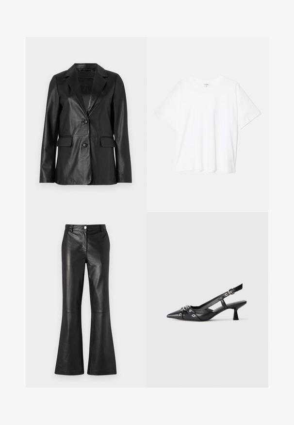 Čierny kožený blejzer s klopovým golierom, dvoma prednými vreckami, jedným gombíkovým zapínaním a hladkou textúrou. Strih prispôsobený postave s dlhými rukávmi.; Biely bavlnený tričko s krátkymi rukávmi, okrúhlym výstrihom, voľným strihom a prešitým lemom. Štítok viditeľný na vnútornom krku.; Čierne kožené rozšírené nohavice s hladkým povrchom, vybavené predným zipsom a kovovou gombíkovou prackou. Čisté línie s minimálnym zdobením.; Čierne kožené slingback topánky s špicatou špičkou, ozdobnými popruhmi s kovovými očkami a nízkym blokovým podpätkom. Textúrovaný povrch.