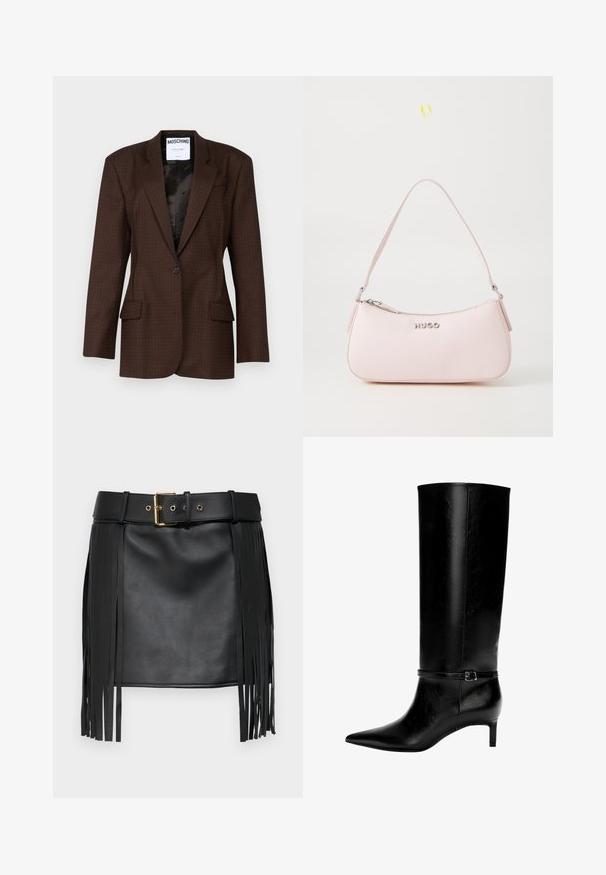 Brązowa marynarka w wzory, wykonana z teksturowanej tkaniny, z pojedynczym zapięciem na guzik, spiczastymi klapami i dwoma przednimi kieszeniami. Widoczne czarne podszewki.; Biała, długosleeve'owa koszula z kołnierzykiem, wykonana z bawełny. Posiada zapięcie na guziki z przodu oraz jedną kieszeń na piersi. Gładka tekstura, luźny krój.; Czarna spódnica z sztucznej skóry z frędzlami. Posiada szeroki pasek z złotą klamrą i wieloma otworami do regulacji. Gładka faktura.; Czarne skórzane wysokie botki z ostrym noskiem i niskim obcasem. Posiadają wąski pasek z metalową klamrą wokół kostki. Gładka tekstura.; Różowa skórzana torebka o zaokrąglonym kształcie, z suwakiem i paskiem na ramię. Wyróżnia się srebrnym logo z przodu.