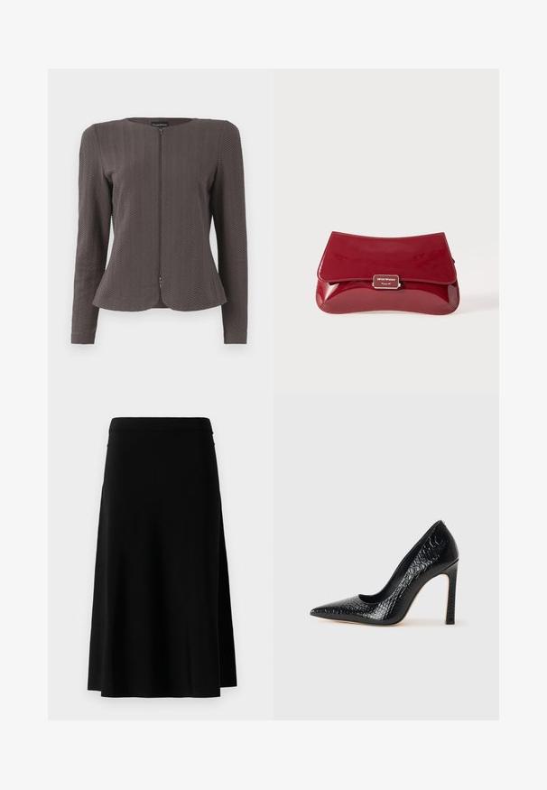 Barna textúrájú blézer kerek nyakkivágással és elülső cipzárral. Chevron mintával és hosszú ujjakra készült, testhez álló szabással.; Fekete, rövid ujjú felső, sima anyagból, széles nyakkivágással, téglalap alakú elülső dizájnnal és diszkrét hátsó cipzárral.; Fekete, térdig érő szoknya egyenes fazonnal és oldalsó hasítékkal, fehér háttér előtt bemutatva.; Fekete hegyes orrú magassarkú cipő krokodilbőr textúrával, letisztult dizájnnal, magas tűsarkú és sima fekete belső résszel.; Piros, lakkbőr clutch táska ívelt dizájnnal, hajtogatott fedéllel és fém logóval egy ezüst színű táblán. Simára csiszolt, fényes felület.
