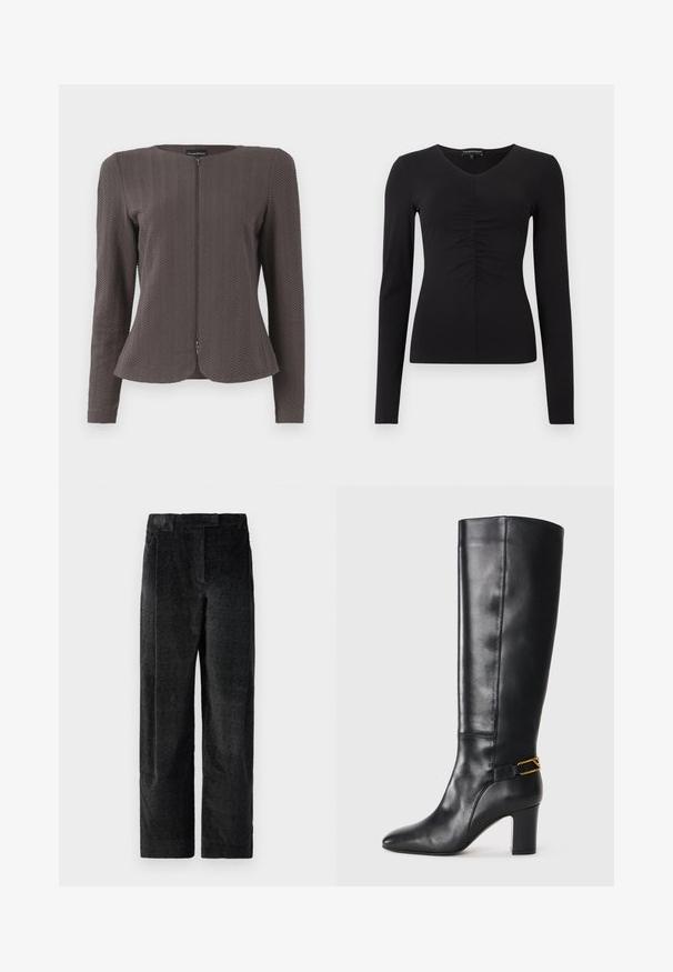 Brūns teksturēts žakets ar apaļu izgriezumu un priekšējo rāvējslēdzēju. Iezīmē četrstūra rakstu un garām piedurknēm, veidots ar šauru piegriezumu.; Melns tops ar garām piedurknēm, V veida izgriezumu un priekšpusē sapulcinātu detaļu, izgatavots no gludas auduma. Pieguļošs siluets un minimālistisks dizains.; Melnas, teksturētas platajās bikses ar izteiktu audumu, kas ietver priekšējos krokas un plakanu jostasvietu. Klasisks dizains daudzpusībai.; Melnas ādas ceļgalu augstas apavi ar norādītu purngalu un masīlu papēdi. Apaviem ir zelta toņa akcentu siksna ap potīti. Gluda tekstūra.