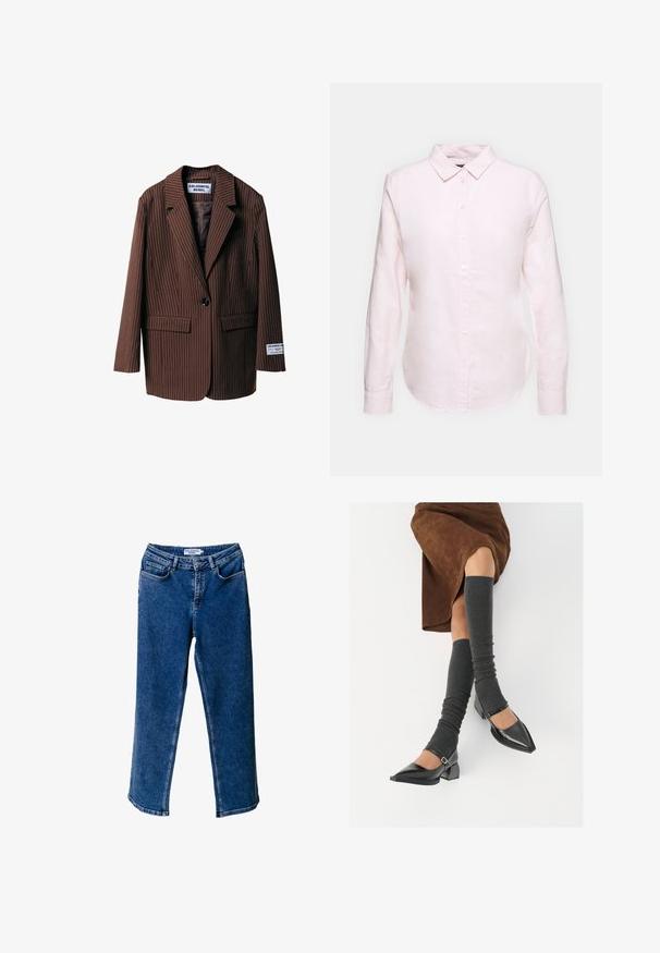 Brun randig kavaj med slag, två främre fickor, en knappstängning och ett märke på ärmen. Tillverkad av strukturerad tyg.; Ljusrosa långärmad skjorta med knappkrage, med rak nederkant och mjukt tyg, tillverkad av lätt bomullsmaterial.; Blå denimbyxor med vida ben och hög midja, som har framfickor, kontrasterande sömmar och en avslappnad passform.; Svarta lackläderskor med spetsig tå, blockklack och ankelrem, i kombination med grå ribbade benvärmare och en brun mockakjol.