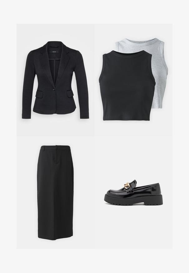 Sacou negru cu croi ajustat, două buzunare frontale, închidere cu un singur nasture și rever cu tăietură, realizat dintr-o țesătură texturată.; Even&Odd Petite 2 PACK - Top - light grey/black; Fustă creion neagră, până la genunchi, confecționată dintr-un material neted. Prezintă o fanta la spate și buzunare laterale, având un design simplu și o culoare neutră.; Loaferi din piele patent neagră cu talpă groasă neagră și detalii din hardware auriu. Textură netedă și design cu vârf rotunjit.