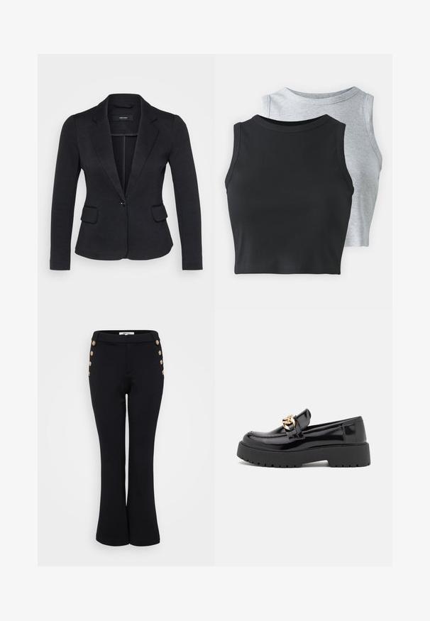 Blazer noir avec une coupe ajustée, deux poches avant, fermeture à un bouton et revers crantés, fabriqué à partir d'un tissu texturé.; Even&Odd Petite 2 PACK - Débardeur - light grey/black; Pantalons évasés noirs en tissu lisse, ornés de boutons dorés à la taille pour le détail et offrant une silhouette ajustée.; Mocassins en cuir verni noir avec une semelle épaisse noire et des détails en métal doré. Texture lisse et design à bout arrondi.