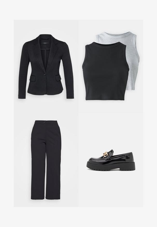 Črna blazer jakna z oblikovanim krojem, dvema sprednjima žepoma, zapiranjem na en gumb in izrezanimi klapnicami, izdelana iz teksturirane tkanine.; Even&Odd Petite 2 PACK - Top - light grey/black; Črne široke hlače iz gladkega materiala, z gumbom za zapiranje in čistim, prilagojenim dizajnom brez vidnih žepov.; Črni lakirani usnjeni loafers s debelim črnim podplatom in zlato kovinsko opremo. Gladka tekstura in zasnova zaokroženega nosu.