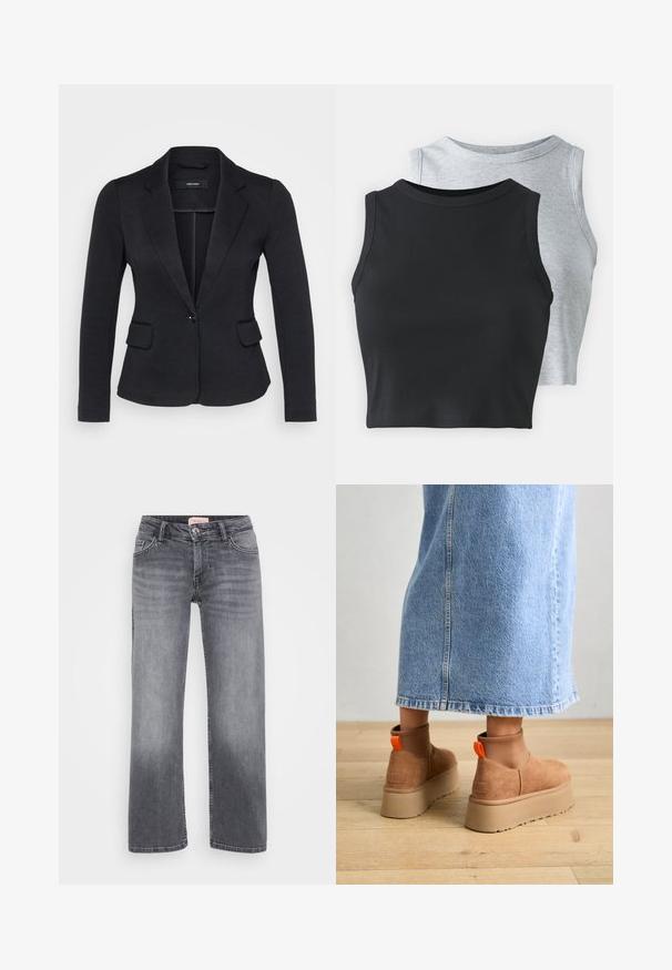 Crna blazerica s prilagođenim krojem, dva prednja džepa, zatvaranje na jedan dugme i reveri, izrađena od teksturirane tkanine.; Even&Odd Petite 2 PACK - Top - light grey/black; Sive traperice sa ravnim nogavicama, stil pet džepova, blago izblijedjele i s kopčanjem na gumbe u struku.; Smeđe suede platform čizme s elastičnim bočnim panelima i narančastim vučnim trakama, uparenim s suknjom od svijetlog denima do koljena na drvenom podu.