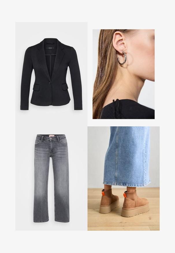 Melns žakets ar piegriezumu, divām priekšējām kabatām, vienu pogu un izgrieztiem uzvārdiem, izgatavots no teksturēta auduma.; Even&Odd Petite 2 PACK - Tops - light grey/black; Pelēki džinsi ar taisnu kāju dizainu, piecu kabatu stils, viegla izbalēšana un pogas aizdare viduklī.; Brūni zamšādas platforma zābaki ar elastīgiem sānu paneļiem un oranžām cilpām, apvienoti ar līdz ceļgaliem garu gaišā denima svārku uz koka grīdas.; Sudraba auskars ar pulētu apdari, ar maziem zelta akcentiem un apaļu formu, uz ausu ļipiņas.