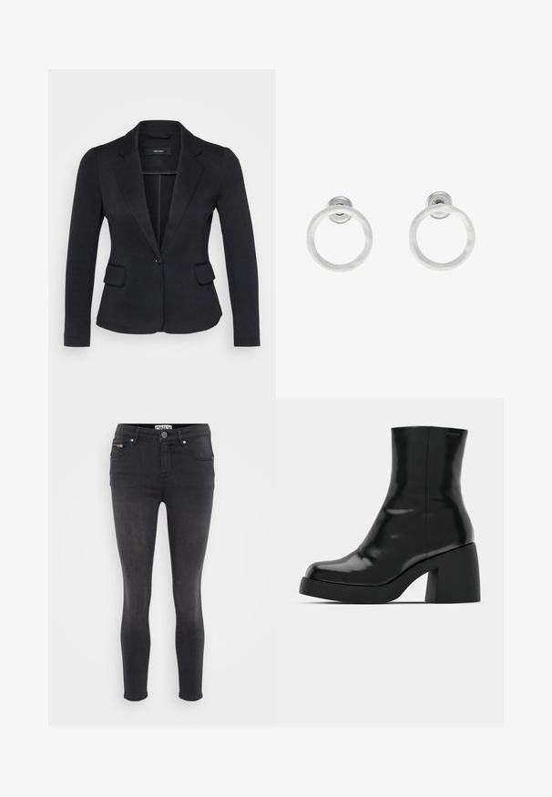 Czarna marynarka o dopasowanym kroju, z dwoma przednimi kieszeniami, zapięciem na jeden guzik i klapami, wykonana z teksturowanej tkaniny.; Even&Odd Petite - Top; Czarne slim fit dżinsy wykonane z denimu. Posiadają zapięcie na guzik z przodu oraz zapinaną na zamek kieszeń w pasie. Gładka tekstura z minimalnym blaknięciem.; Czarne botki za kostkę o błyszczącej wykończeniu, kwadratowym czubku i grubym słupkowym obcasie. Projekt charakteryzuje się bezszwową sylwetką i minimalną marką.; Srebrne metalowe kolczyki w kształcie obręczy z matową teksturą, z okrągłym wzorem i przezroczystym zapięciem typu post, zapewniającym bezpieczne noszenie.