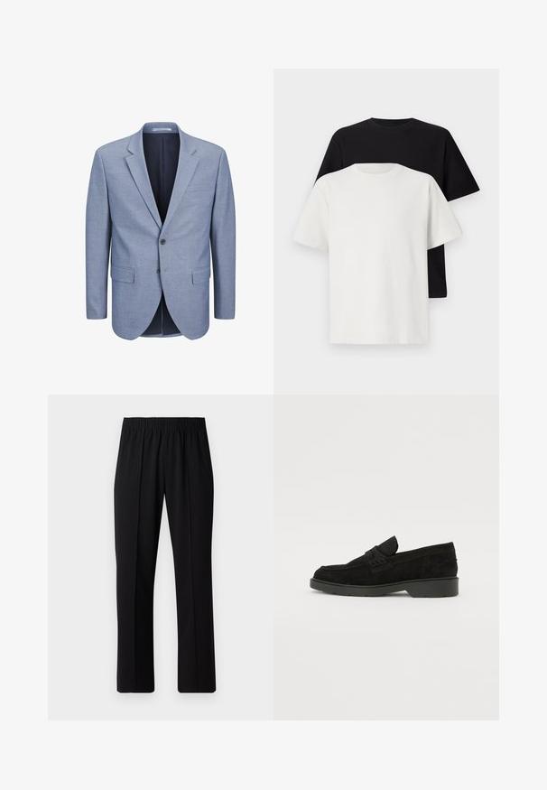 Hellblaues Blazer aus strukturiertem Stoff, einreihiges Design mit Reverskragen, zwei frontalen Taschen und einem dunkelblauen Innenfutter.; Baumwoll-T-Shirt-Set bestehend aus einem schwarzen Oberteil und einem weißen Oberteil, beide mit kurzen Ärmeln, Rundhalsausschnitt und normaler Passform. Texturiert.; Schwarze, Gummibund-Hosen mit geradem Schnitt, die eine glatte Textur aufweisen und keine sichtbaren Muster oder Beschläge haben.; Schwarze Wildleder-Slipper mit niedrigem Absatz, ausgestattet mit einem einfachen Band über dem Obermaterial und texturierten Details an den Seiten.