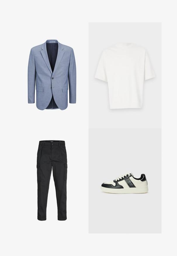 Blazer blu chiaro realizzato in tessuto testurizzato, design a un bottone, con rever a punta, due tasche frontali e fodera interna blu navy.; T-shirt bianca a maniche corte realizzata in tessuto morbido. Collo tondo, vestibilità comoda e design semplice senza decorazioni o fantasie.; Pantaloni cargo neri realizzati in un tessuto resistente, dotati di molteplici tasche, chiusura con bottone e un design aderente con gambe affusolate.; Sneakers in pelle con una combinazione di colori nero e crema, dotati di dettagli perforati, collare imbottito e suola testurizzata.