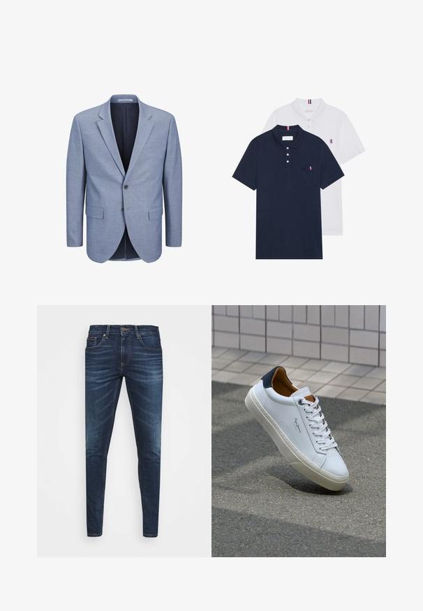 Svetlo modra blazer jakna iz teksturirane tkanine, enojno zapenjanje, z rebrastim ovratnikom, dvema sprednjima žepoma in temno modrim notranjim podlogom.; Dve polo majice: ena mornarsko modra in ena bela, obe z majhnim rdečim, belim in modrim poudarjanjem na žepu in ovratniku.; Temno modri kavbojke ozkega kroja, s subtilnim bledenjem, petimi žepi in kovinskim zapiranjem na gumb. Oštrikanje z akcenti v kontrastni barvi.; Beli usnjeni čevelj s plavo peto, okrogelimi prsti in kontrastnimi rjavimi detajli. Ima ravne vezalke in teksturiran gumijast podplat.