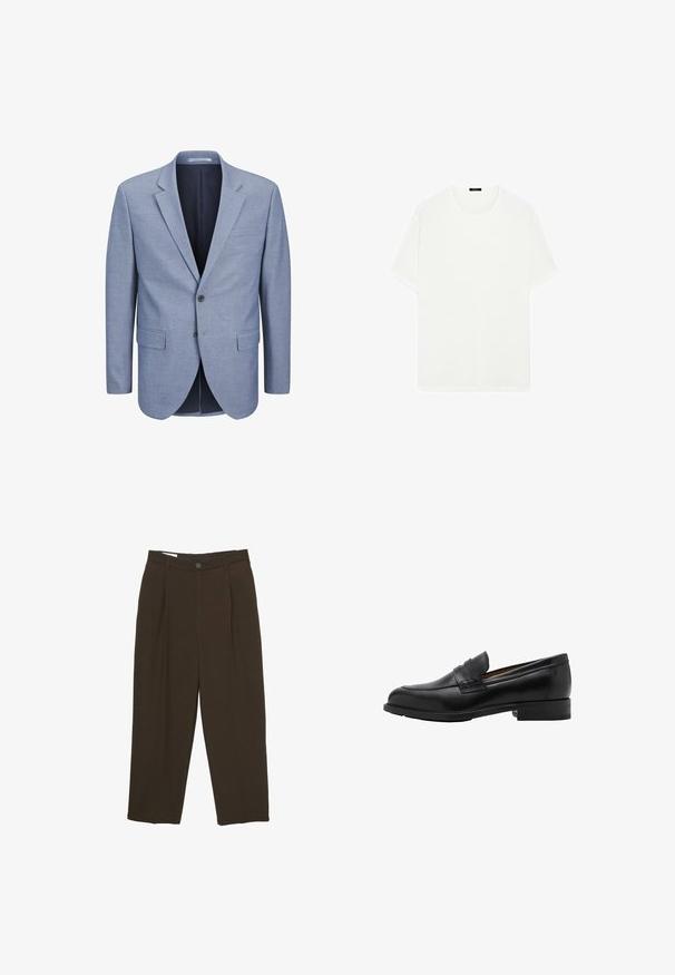 Hellblaues Blazer aus strukturiertem Stoff, einreihiges Design mit Reverskragen, zwei frontalen Taschen und einem dunkelblauen Innenfutter.; Weißes T-Shirt mit kurzen Ärmeln aus weichem Stoff. Es hat einen klassischen Rundhalsausschnitt und eine gerade Schnittführung, ohne sichtbare Muster oder Akzente.; Dunkelbraune maßgeschneiderte Hosen mit vorderen Falten, Gürtelschlaufen und einem Knopfverschluss an der Taille.; Schwarze Leder-Löcher mit genähtem Vorderteil und flachem Absatz. Glatte Textur mit runder Zehenform und einem dekorativen Riemen über dem Spann.