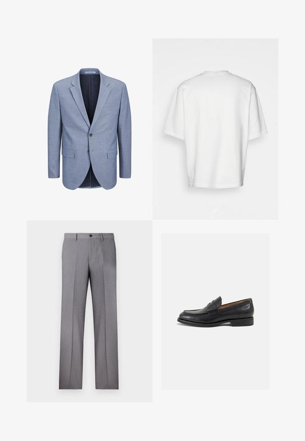 Hele helesinine bleiser, mis on valmistatud tekstuursest kangast, ühe nööbi disainiga, kraega, kahe eesmine taskuga ja tumesinise voodriga.; Valge lühikeste varrukatega T-särk, lõdva lõikega, ümar kaelus, sileda puuvillase kangaga, kaunistamata selg, sirge alläär, ilma mustrite või aktsентideta.; Hallidega hallid püksid, millel on lame eesmine osa, kaks küljetaskut ja ühesnupuline kinnitis. Sile tekstuur koos peene triibumustriga.; Mustad mustad nahast loafers, sujuva viimistlusega, ümar sirge ja dekoratiivne tikand peal. Madal ja kergelt kuhjatud konts ning kerge läige.