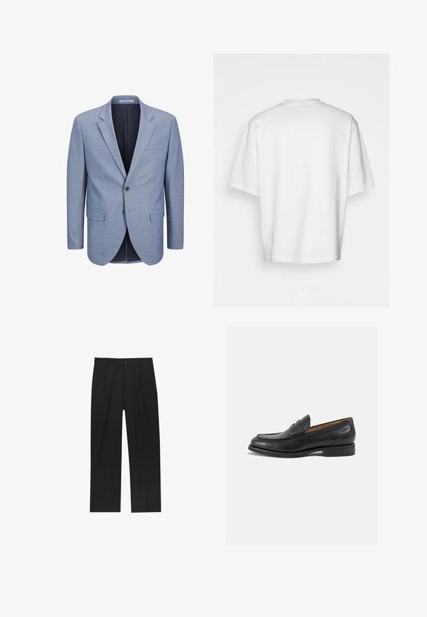 Vaaleansininen bleiseri, joka on valmistettu teksturoidusta kankaasta, yksirivinen malli, jossa on saket, kaksi etutaskua ja tummansininen sisävuori.; Valkoinen lyhythihainen t-paita, löysä malli, pyöreä pääntie, sileä puuvillakangas, koristamaton selkä, suora helma, ei kuvioita tai yksityiskohtia.; Mustat housut suoranlahkeisella muotoilulla, valmistettu sileästä kankaasta. Ominaisuuksiin kuuluu etupleateet ja yksi nappikiinnitys vyötäröllä.; Mustat nahkaloaferit, joissa on sileä pinta, pyöreä varvas ja koristeompeleet varpaansuojassa. Matala pinottu korko ja hieno kiilto.