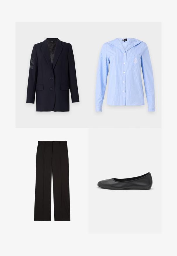 Marineblauwe blazer met een gestructureerd ontwerp, twee voorkruiszakken, twee knopen en verfraaiing op de linkermouw. Gladde stoftextuur.; Lichtblauw gestreept shirt met een zeeman kraag, lange mouwen, knopen aan de voorkant en een zak met een geborduurde detail.; Zwarte op maat gemaakte broek van een gladde stof, met een rechte pijp en twee zijzakken. Elegante en minimalistische constructie.; Zwarte leren ballerina met een ronde neus, gladde textuur, minimale stikdetails en een flexibele zoolontwerp.