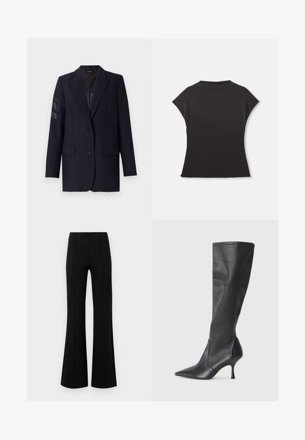 Sininen bleiseri, jossa on jämäkkä muotoilu, kaksi etutaskua, kaksi nappia ja koristelut vasemmassa hihassa. Sileä kangas.; Musta lyhythihainen paita, jossa on korkea kaulus ja rento istuvuus. Valmistettu pehmeästä kankaasta, jolla on sileä pinta. Ei näkyviä kuvioita tai grafiikoita.; Musta leveälahkeinen housu, jossa on korkea vyötärö, valmistettu joustavasta kankaasta. Etupuolella on pystysaumayksityiskohtia ja sileä pinta.; Polvisuuriset mustat nahkasaappaat, joissa on terävä kärki ja hoikka stiletto-korko. Silkkinen pinta, tiukka muotoilu ja ompeleet yläreunassa.