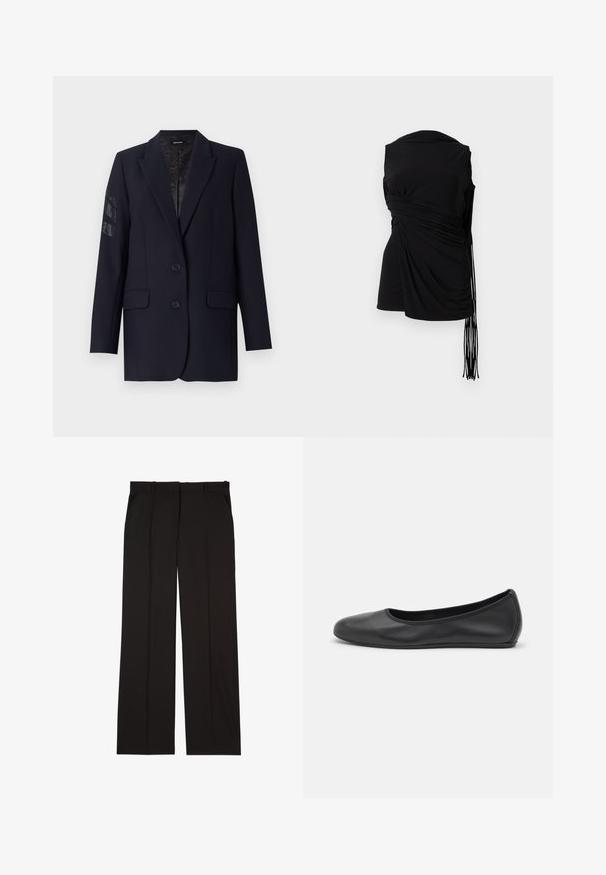 Temno moder blejzer s strukturirano zasnovo, dvema sprednjima žepoma, dvema gumboma in okrašenim detajlom na levi rokavu. Gladka tekstura tkanine.; Črna majica brez rokavov z drapirano tkanino, stranskim nabiranjem in podaljšanimi resicami, ki ima gladko teksturo in prilegajočo silhueto.; Črne krojene hlače iz gladkega materiala, s straight-leg obliko in dvema stranskima žepoma. Elegantna in minimalistična zasnova.; Črne usnjene balerinke z zaobljenim nosom, gladko teksturo, minimalnimi šivi in fleksibilno zasnovo podplata.
