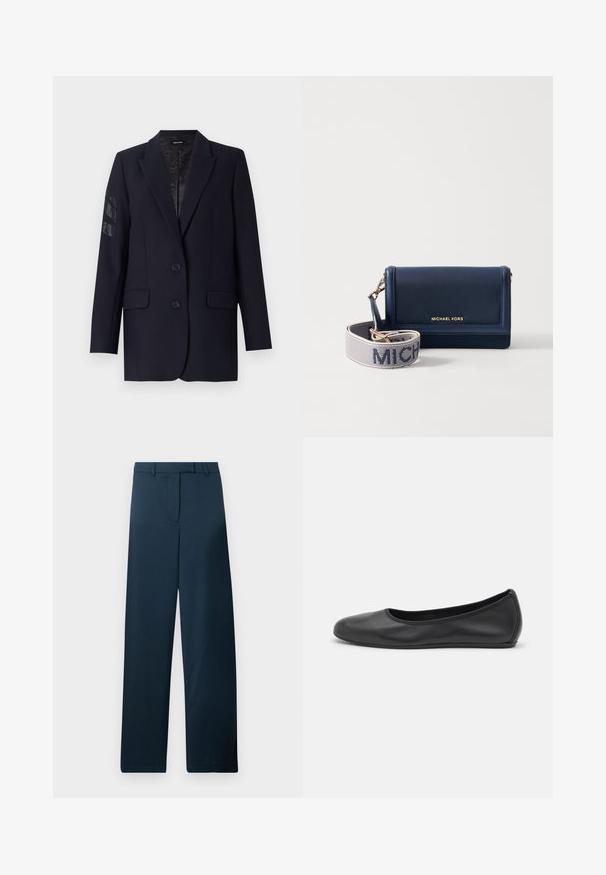Blazer blu navy con un design strutturato, due tasche frontali, due bottoni e dettagli decorativi sulla manica sinistra. Tessuto dalla consistenza liscia.; T-shirt bianca a maniche corte realizzata in tessuto a costine. Collo rotondo, vestibilità regolare e dettagli di cucitura sottili. Senza motivi o grafiche.; Pantaloni a gamba larga blu navy con una texture liscia, fronte piatto e passanti per la cintura. Presentano un design minimalista e nessun motivo o dettaglio visibile.; Pantofole da balletto nere in pelle con punta arrotondata, texture liscia, dettagli di cucitura minimi e design con suola flessibile.; Portafoglio in pelle blu navy con logo dorato, presenta una tracolla removibile con "MICHAEL" in testo bianco su uno sfondo texturizzato. Design compatto.