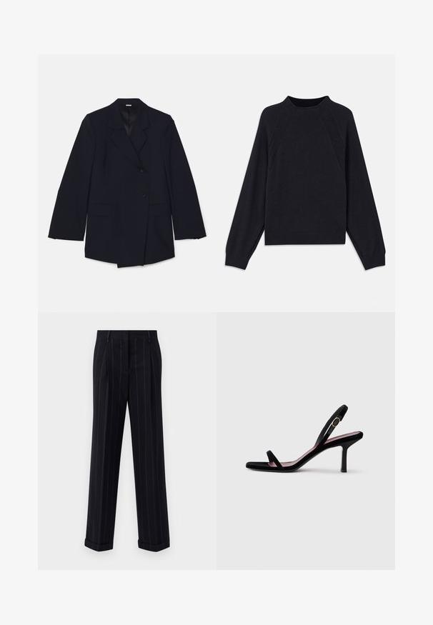 Navy blue blazer featuring a notched lapel, two front pockets, and double-breasted design with a single button closure. Smooth texture.; Dark navy sweater with a round neckline, long raglan sleeves, ribbed cuffs, and a straight hem. Made from a soft, textured knit material.; Black pinstriped trousers with a tailored fit, featuring a cuffed hem and front pleats. Made of smooth fabric with a structured design.; Black suede women's high-heeled sandal with slim straps and a gold buckle on a white background, side view.
