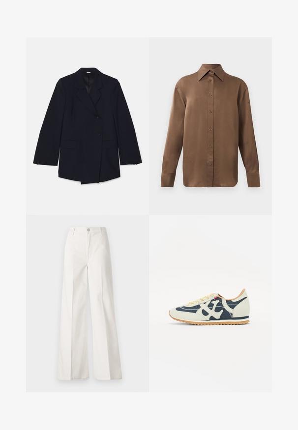 Navy zila žakete ar ieliektu atloku, divām priekšējām kabatām un dubultu pogu dizainu ar vienu pogu aizdari. Gluda tekstūra.; Brūns garās piedurknes pogājamais krekls ar norādītu apkakli un aprocēm, izlikts pret vienkāršu baltu fonu.; Baltas platfita bikses, izgatavotas no kokvilnas ar gludu tekstūru. Aprīkotas ar priekšējo pogu, rāvējslēdzēju un četru kabatu dizainu.; Sporta apavi ar krēma, jūras zila un zamša materiālu kombināciju, saites dizainu, diagonālām šuvēm un gumijas zoli ar saķeri.