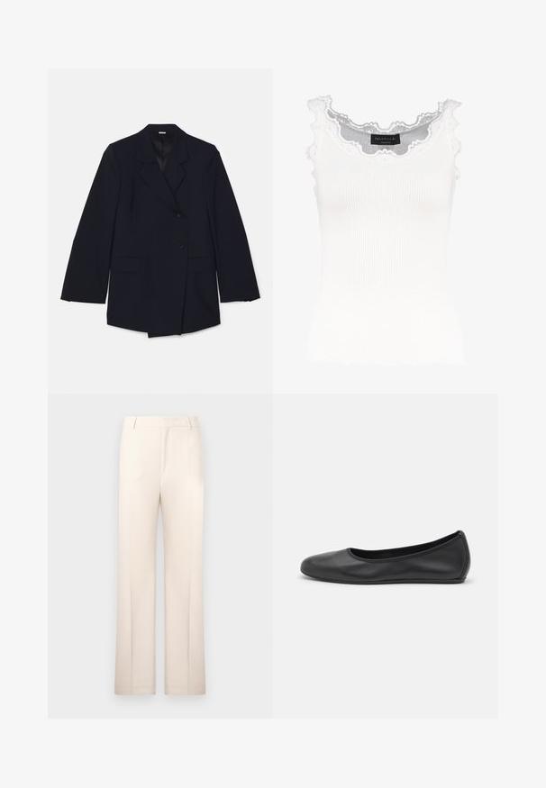 Blazer azul marino con solapa muesca, dos bolsillos frontales y diseño de doble botonadura con cierre de un solo botón. Textura suave.; Top de tirantes blanco de canalé con encaje en el escote y las mangas. Presenta una textura suave y una forma ajustada. Etiqueta de la marca visible en el interior.; Pantalones tailored beige con un diseño de pierna recta, hechos de tela ligera. Presentan pliegues en la parte delantera y una cintura clásica.; Bailarina de piel negra con punta redondeada, textura suave, detalle de costura minimalista y diseño de suela flexible.