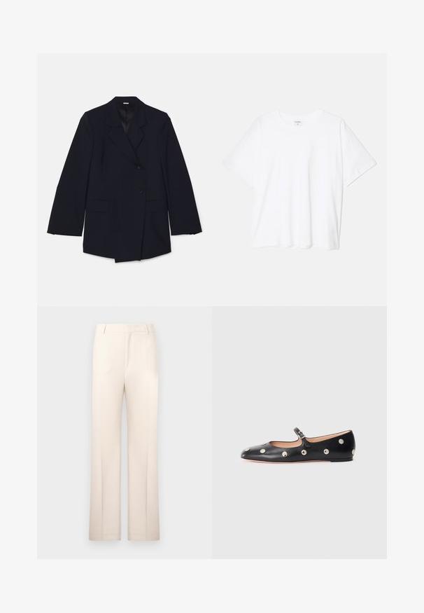 Námořnicky modrý blazer s klopovým límcem, dvěma předními kapsami a dvouřadým designem se zapínáním na jeden knoflík. Hladká textura.; Biely bavlnený tričko s krátkymi rukávmi, okrúhlym výstrihom, voľným strihom a prešitým lemom. Štítok viditeľný na vnútornom krku.; Bežové nohavice na mieru so strihom rovného nohavicu, vyrobené z ľahkého materiálu. Obsahujú predné záhyby a klasický pás.; Čierne kožené baleríny typu Mary Jane s okrúhlou špičkou, so striebornými kruhovými cvokmi a nastaviteľným remienkom so sponou.