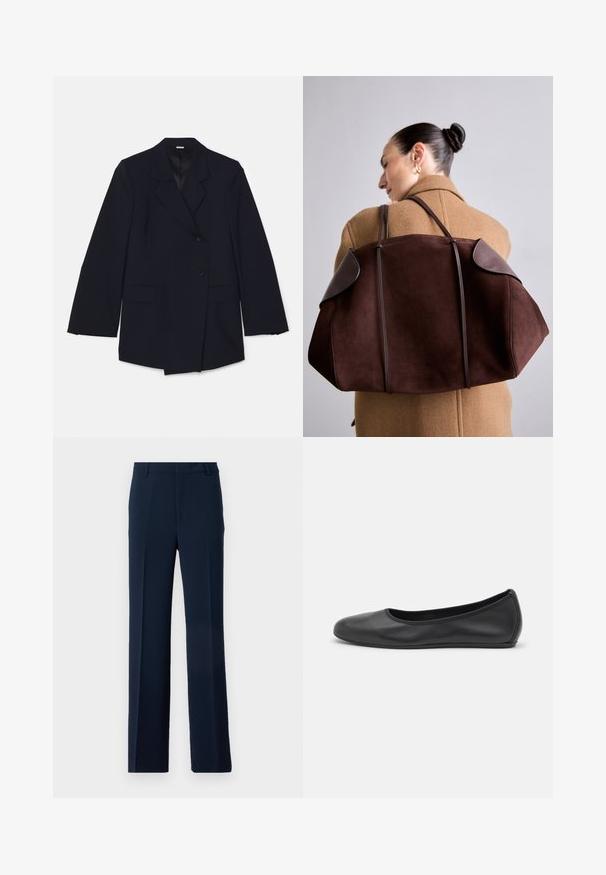 Tumed sinine bleiser, millel on sakilised krae, kaks esikotit ja kahekordne nööp Vastuvõtt ühekordse nööbi sulgemisega. Sile tekstuur.; Valge lühikeste varrukatega T-särk ribatud kangast. Ümara kaelusega, tavalisest sobivusest ja peente õmbluse detailidega. Ilma mustrite või graafikateta.; Tumesinine pükste paar, mis on valmistatud siledast kangast ja millel on sirge jala disain, ees voldid ja küljetaskud, et saavutada viimistletud välimus.; Musthave mustika tantsutossud mustast nahast, ümmarguse varbaga, siledast tekstuurist, minimaalse õmblusdetailiga ja paindliku tallakujundusega.; Pruun nahkhiirtega käekott tumedate nahkaaktsentidega, millel on struktureeritud kuju ja kahekordsed rihmad, mille kantakse üle õla beezist manteliga.