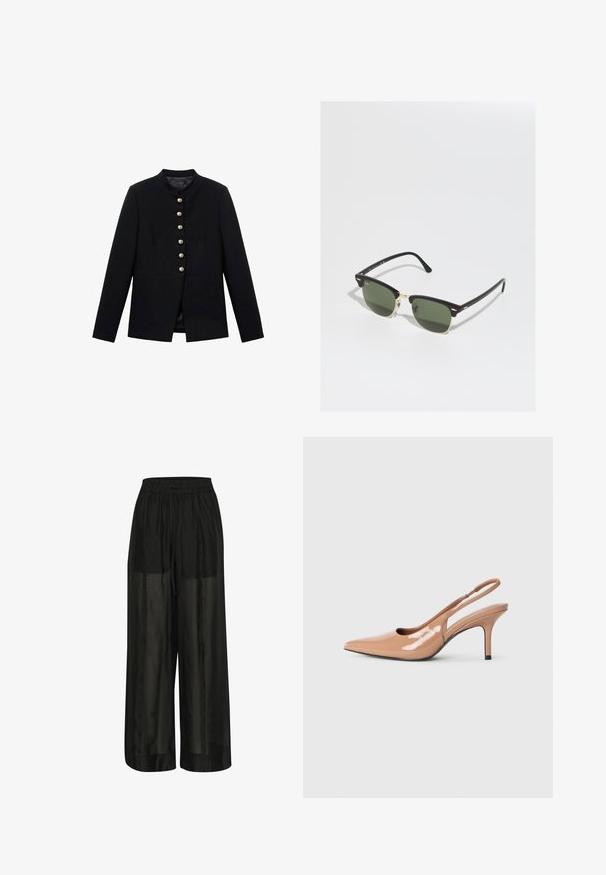Musta takki korkealla kauluksella, jossa on seitsemän kultanappia edessä, tiukkanauha design, sileä pinta ja muotoiltu siluetti.; Valkoinen nappipaita pitkät hihat, vyötärön yksityiskohta istuvana ja kiiltävä vyökoriste. Valmistettu sileästä, kevyestä kankaasta.; Mustat leveälahkeiset housut, jotka on valmistettu läpinäkyvästä kankaasta. Housuissa on joustava vyötärö, jossa on kiristysnauha säädettävää istuvuutta varten, ja ne tuntuvat sileiltä.; Nuden patenttihiusut slingback kengät, joissa on terävä kärki, avoin sivusuunnittelu ja 7 cm:n stiletto-korko. Musta korostus kantapään alla.; Mustasilmäiset aurinkolasit kultaisilla yksityiskohdilla, joissa on vihreät linssit. Lasit ovat kissamaiset ja niissä on metalliset yksityiskohdat sekä teksturoitu kehys.; Kultakioski ranneketju, jossa on sileä, kiillotettu pinta. Kantajana tumman ihoinen ranne, joka täydentää beigella, tekstuurilla varustettua villapaitaa.