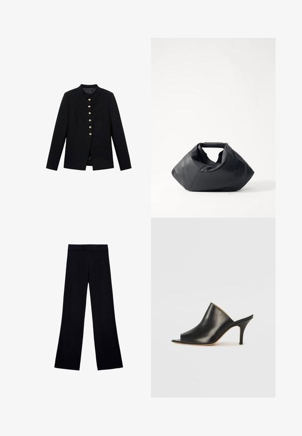 Svart jacka med hög krage, med sju guldbutiker fram, figurnära design, slät textur och skräddarsydd silhuett.; Vit kortärmad t-shirt med rund halsringning, tillverkad av mjukt bomullstyg, med en slät yta och en enkel design.; Svarta vida byxor i mjukt tyg med elastisk midja, med hel längd och utan synliga mönster eller detaljer.; Svart läder öppen tå mule med en stilren, böjd design, hög stilettklack och slät yta. Inredningen har en kontrasterande ljus färg.; Svart läderväska med en texturerad yta, unik skrynklig form och ett kort handtag. Har en enda huvudfack.