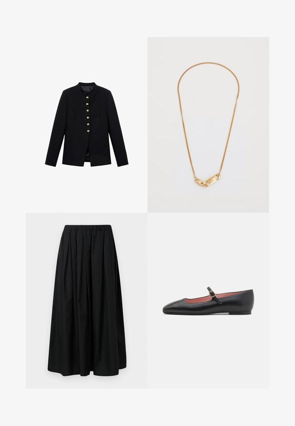 Czarna kurtka z wysokim kołnierzem, z siedmioma złotymi guzikami z przodu, dopasowany krój, gładka tekstura i dobrze skrojona sylwetka.; Czarny top z długim rękawem i dekoltem w serek, wykonany z miękkiego, gładkiego materiału; dopasowany krój z prostym dołem i bez widocznych szwów.; Czarna, plisowana spódnica z lekkiego materiału z elastycznym pasem. Długości do ziemi, o gładkiej fakturze i minimalistycznym wzornictwie.; Czarne skórzane płaskie buty z wydłużonym noskiem i paskiem na kostkę z złotym zapięciem. Gładka tekstura o lekko błyszczącym wykończeniu.; Złoty naszyjnik z łańcuchem o skręconym wzorze i prostokątnym zapięciem z wygrawerowanymi detalami. Gładka tekstura, minimalistyczny styl.