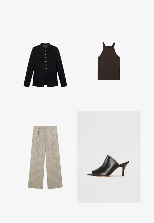 Schwarze Jacke mit hohem Kragen, ausgestattet mit sieben goldenen Knöpfen an der Vorderseite, enganliegendem Design, glatter Textur und maßgeschneiderter Silhouette.; Massimo Dutti HALTER NECK - Top - dark brown; Beige karierte weit geschnittene Hose aus strukturierter Stoffqualität, mit Frontfalten, seitlichen Taschen und einem Bund für einen sicheren Sitz.; Schwarze Leder- offene Zehen-Mules mit einem eleganten, geschwungenen Design, hohem Stiletto-Absatz und glatter Textur. Das Innere weist eine kontrastierende hellere Farbe auf.