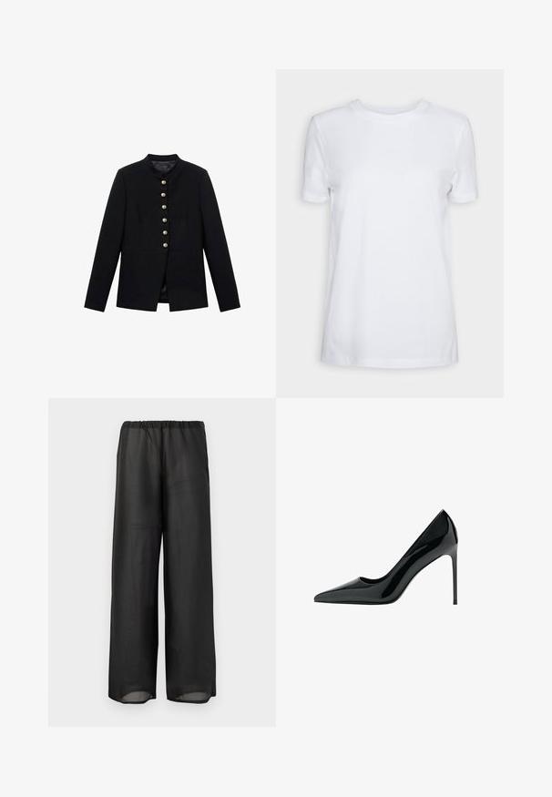 Jachetă neagră cu guler înalt, cu șapte nasturi aurii pe față, design ajustat, textură netedă și siluetă croit.; Tricou alb cu mânecă scurtă din bumbac. Design cu gât rotund, cu o textură netedă și fără modele sau accente vizibile. Stil de bază.; Pantaloni negri cu picioare largi, confecționați dintr-un material ușor, semi-transparent, cu talie elastică. Designul prezintă o siluetă fluidă și relaxată.; Pantofii cu toc stiletto din piele patent neagră au vârful ascuțit și o textură netedă, lucioasă; toc înalt și subțire; design minimalist.