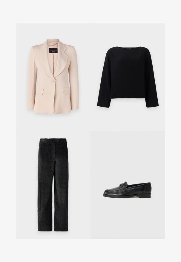 Világos rózsaszín zakó, testre szabott fazonnal, kivágott hajtókákkal, egy gombos záródással és két elülső zsebbekkel. Ráadásul bordázott anyagból készült.; Fekete, hosszú ujjas felső, lekerekített nyakkivágással, sima anyagból készült. A dizájn cropped, egyenes szabású aljjal rendelkezik. Minimalista stílus.; Fekete, textúrált, bő szárú nadrág, hangsúlyos szövettel, elülső redőkkel és lapos derékpánttal. Klasszikus dizájn, amely sokoldalúságot biztosít.; Fekete bőr loafer cipők sima felsőrésszel, dombornyomott vonalmintával és dekoratív csat részlettel a cipő orrán. Alacsony, tömb alakú sarok.