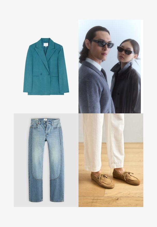 Scalpers Blazer - duck; Hvid bomuld t-shirt med korte ærmer og rund halsudskæring. Har en afslappet pasform og et minimalistisk design uden mønstre eller accenter.; Lyseblå denimjeans med en lige, løs pasform, der har kontrasterende paneldetaljer og en fem-lommer design. Knap-lukning.; Brune ruskinds bådsko med snørebånd, der har en rund tå og syede detaljer. Båret med hvide kordfløjl-bukser i en træagtig indstilling.; Solbriller med angulære sorte stel på en model iført en grå sweater, der viser struktureret strik og en sort læderjakke båret af en anden model.