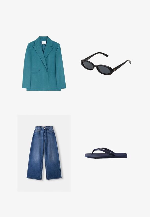 Scalpers Blazer - duck; White cotton t-shirt with short sleeves, crew neckline, and a relaxed fit. Smooth texture and simple design, no patterns or accents.; Bershka WIDE-LEG - Wide Leg - dark blue; Navy blue flip-flop featuring textured rubber straps and sole, with a wavy pattern on the straps and a flat, ridged footbed.; Black oversized sunglasses with oval lenses, smooth plastic frame, and gold accents on temple. Dark lenses provide sun protection.; Black woven tote bag with two handles. Soft texture, slouchy design, and a large, rounded shape. No visible hardware or accents.