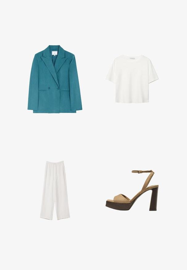 Scalpers Blazer - duck; Weißes T-Shirt mit kurzen Ärmeln aus Baumwolle. Hat einen Rundhalsausschnitt und eine lockere Passform. Glatte Textur ohne sichtbare Muster oder Akzente.; Weiße weit geschnittene Hose aus leichtem Stoff. Mit einem elastischen Bund und Kordelzug sowie Seitentaschen. Glatte Textur.; Beige Wildleder-Pumps mit hohem Absatz, breitem Vorderband und Knöchelriemen, ausgestattet mit einem klobigen Holzblockabsatz mit strukturiertem Finish.