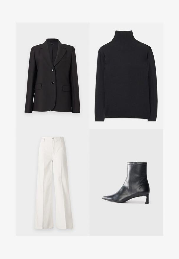 Czarny żakiet z wyłogowym kołnierzem, jednopoziomowym zapięciem na guzik, dwoma przednimi kieszeniami i gładką struktura materiału. Klasyczny, dopasowany fason.; Czarny sweter z golfem wykonany z miękkiego materiału. Posiada długie rękawy, wysoki kołnierz oraz prążkowane mankiety i dół, co zapewnia dopasowany wygląd.; Białe spodnie typu wide-leg wykonane z bawełny o gładkiej fakturze. Posiadają zapięcie na guzik z przodu, zamek błyskawiczny oraz cztery kieszenie.; Czarne skórzane botki sięgające kostki z ostrym noskiem i eleganckim designem. Posiadają niski obcas oraz zamek błyskawiczny z tyłu. Gładka faktura.