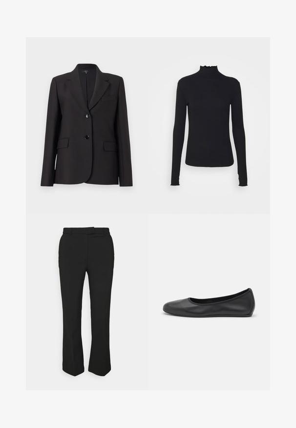 Black blazer with a notched lapel, single button closure, two front pockets, and smooth fabric texture. Classic tailored design.; Black long-sleeve turtleneck top made of smooth fabric, featuring a ruffled neck and fitted silhouette with simple edges.; Black tailored pants with a straight-leg design, featuring belt loops and side pockets. Made from smooth fabric with a clean finish.; Black leather ballet flat with a rounded toe, smooth texture, minimal stitching detail, and a flexible sole design.
