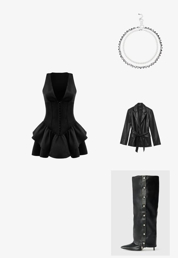 Blazer in ecopelle nera con rever a notched, chiusura frontale con bottone, cintura in vita e silhouette sartoriale. Texture liscia e design strutturato.; OW Collection AUGUSTA - Vestito di maglina - black; Stivali alti in pelle nera con tacco, caratterizzati da un design aderente, punta affusolata e dettagli con bottoni a pressione argentati lungo il lato.; Borsa a tracolla in pelle verniciata nera con forma triangolare, dotata di zip superiore e tracolla regolabile. Logo "KARL LAGERFELD JEANS" in argento.; Collana a due strati con perle a forma di cuore in argento e perle bianche. Chiusura a catena regolabile per una vestibilità sicura. Texture liscia e finitura lucida.