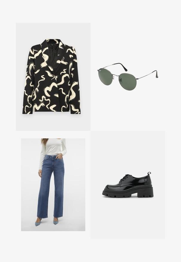 Zwarte blazer met crème abstracte penseelstreken, voorzien van een sjawl-kraag, enkele knoopsluiting en textuurstof.; Donkerblauw denim shirt met een kraag, lange mouwen, dubbele borstzakken en contrasterende stiksels.; Lichtblauwe, hoge taille, wijde jeans met een vijf-pocket ontwerp, knoopsluiting en riemlussen, gecombineerd met een aansluitend wit langemouwtop.; Zwarte gepatineerde leren schoenen met een chunky platformzool en dikke veters. Ronde neus, minimale details en een kleine hieltab aan de achterkant.; Metalen zonnebril met ovale groene lenzen. Dunne zilveren metalen rand en zwarte oorstoppers. Minimalistisch ontwerp, zonder zichtbare logo's.