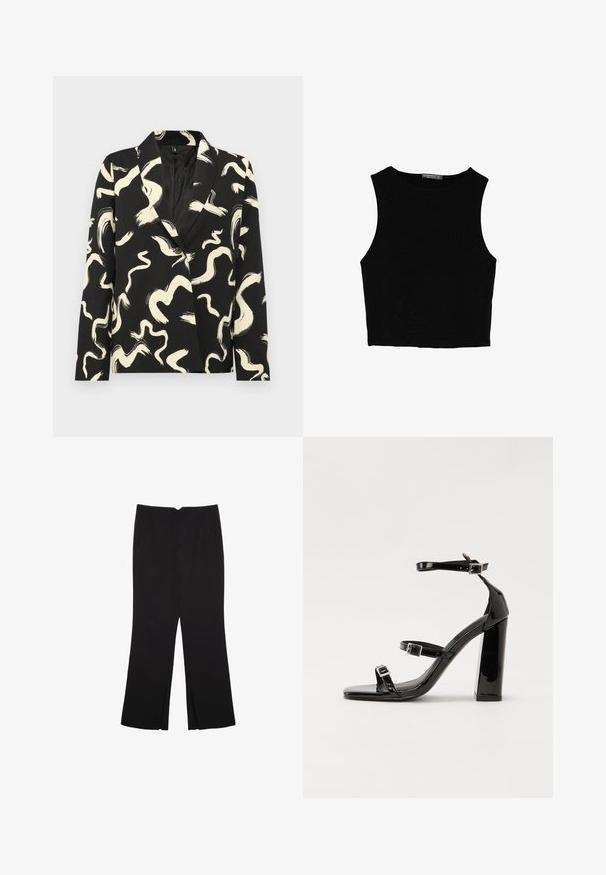 Svart kavaj med krämfärgad abstrakt penseldragsmönster, med sjalkrage, enknapppropp och texturerad tyg.; Svart ärmlös crop top i mjukt tyg, med rund hals och en ren, enkel design utan mönster eller detaljer.; Svarta byxor med rak passform, utrustade med framfickor och sidoklyvningar vid fållen. Tillverkade av mjukt, slätt tyg. Lämpliga för olika tillfällen.; Svarta lackerade klacksandaler med fyrkantig tå, ankelremmar och silverfärgade spännen. Har en kraftig blockklack för stabilitet.