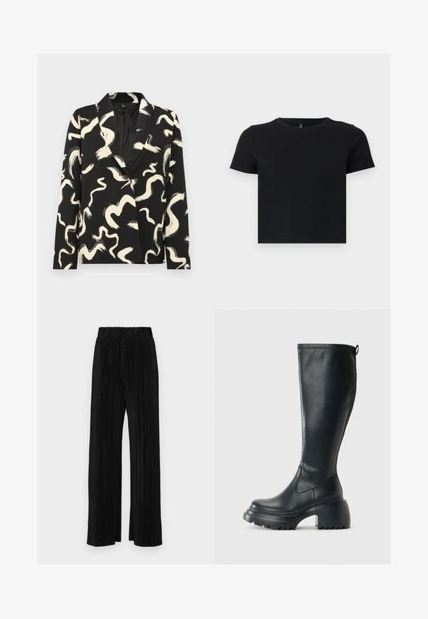 Crni blejzer s kremastim apstraktnim uzorkom četkice, s rever kragnom, jednim dugmetom i teksturiranom tkaninom.; Crna majica s kratkim rukavima napravljena od mekanog pamuka. Ima okrugli izrez i pripijen kroj. Glatka tekstura bez uzoraka ili naglasaka.; Crne plisirane hlače s elastičnim pojasom. Imaju široke nogavice i glatku, teksturiranu tkaninu s vertikalnim prugama.; Visoke crne kožne čizme s debelim platformskim đonom i blok petom, s patentom za povlačenje i teksturiranim uzorkom na potplatu.