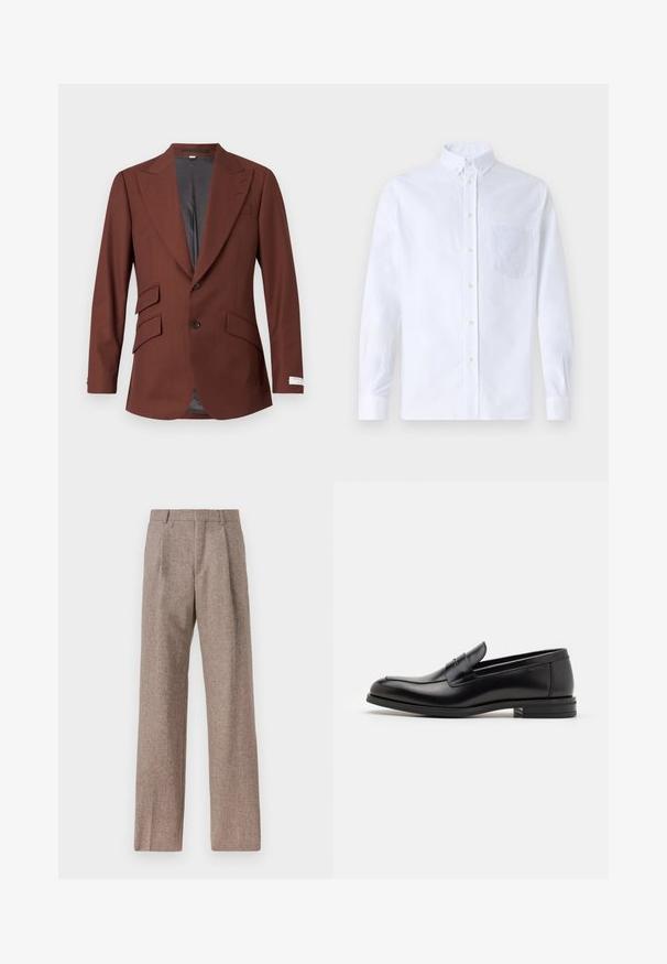 Blazer marron ajusté en tissu texturé, avec un col cranté, deux poches avant et une fermeture à un seul bouton, doublé à l'intérieur.; Chemise blanche à manches longues avec boutons en coton, présentant une poche poitrine avec broderie ton sur ton, un col et des poignets boutonnés.; Pantalons marron taille haute en tissu texturé. Présente des jambes larges et deux plis avant pour la structure. Finition soignée sans matériel visible.; Mocassins en cuir noir avec une texture lisse, bout rond et une sangle décorative sur le dessus. Talon bas empilé, design minimaliste.