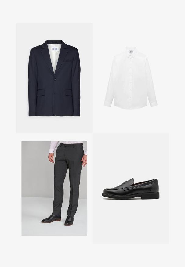 Marineblazer gemaakt van gestructureerde stof, met een enkele knoopsluiting, twee voorkruiszakken en een gelapte revers.; Witte langlopende shirt met lange mouwen, gemaakt van gladde stof, met een klassieke kraag, knoopsluiting en een gebogen zoom. Minimalistisch ontwerp zonder patronen.; Grijze op maat gemaakte broeken met een gladde textuur, voorzien van een vlakke voorkant en riemlussen, gecombineerd met zwarte dresschoenen.; Zwarte synthetische loafers met een opvallende gestikte voorkant, gevoerde binnenzool en platte rubberen buitenzool; slank ontwerp met minimale details.