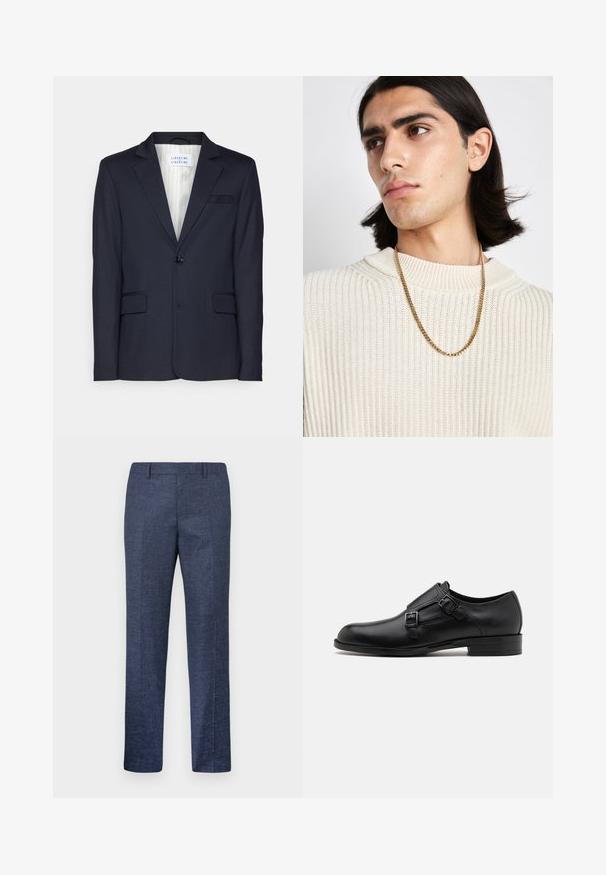 Marinblå blazer tillverkad av texturerad tyg, med en enkel knappstängning, två framfickor och en slagkrage-design.; Vit långärmad skjorta med knappar tillverkad av bomull, har en klassisk krage, framskjuta knappar och minimal sömnadsdetalj.; Mörkblå byxor tillverkade av ett strukturerat tyg, med raka ben, platt fram och två sidofickor. Inga synliga mönster eller dekorationer.; Svart läderskor med dubbla spännen, elegant silhuett och rund tå. Har en låg klack och en mjuk yta.; Guldhalsband bärs över en krämfärgad ribbad stickad tröja; mjuk textur med hög krage och ett subtilt mönster i tyget.