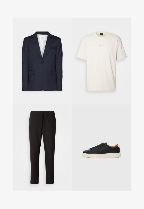 Blazer marine en tissu texturé, doté d'une fermeture à un bouton, de deux poches avant et d'un col à revers.; BOSS TEE - T-shirt basique - open white; Pantalons de jogging noirs en tissu lisse. Dotés d'une taille élastique avec cordon de serrage, jambes fuselées, et sans poches visibles. Design simple.; Baskets en cuir noir avec une texture lisse, semelle en caoutchouc beige, design à lacets et accent de talon contrasté.