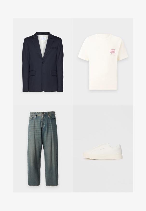 Jūras spēku zila žakete, kas izgatavota no teksturēta auduma, ar vienu pogu slēgšanu, divām priekšējām kabatām un izgrieztiem uzgaļiem.; Balts īsām piedurknēm T-krekls ar sarkanu tekstu "Studio Originals Edition" uz kreisā krūšu, pakārtots neitrālā pelēkā fonā.; Gaiši zili džinsi ar brīvu piegriezumu, vidējo jostas augstumu un taisnām kājām. Satur piecas kabatas, jostas cilpas un pogu aizdari.; Baltas slip-on sporta apavi ar teksturētu virsmu, biezu zoli un minimālistisku dizainu. Sānos redzams zīmola logotips.